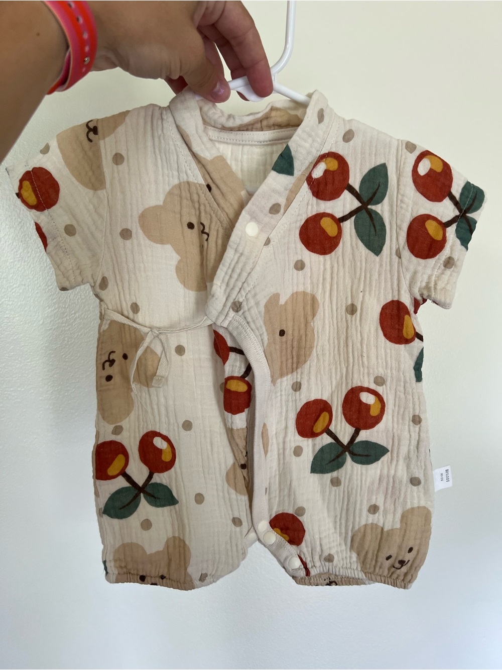 Cream Baby Romper with Cherry & Bear Print